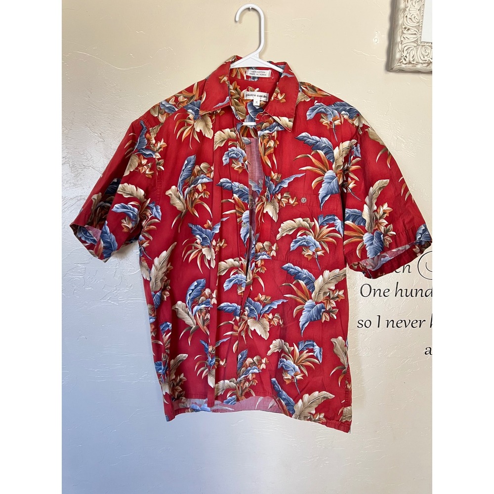 Pierre Cardin Mens Red Tropical Leaf Print Cotton Short Sleeve Button Down Shirt
